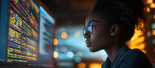 A young woman is deeply focused on coding at her computer, immersed in colorful lines of code on the screen. The modern workspace glows softly with surrounding lights, enhancing the concentration.