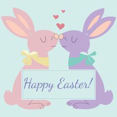 Happy Easter, vector card, banner, bunnies, rabbits, love, on blue background