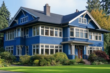 Fototapeta premium Bright blue house with elegant balcony and lush greenery in a picturesque neighborhood on a sunny day