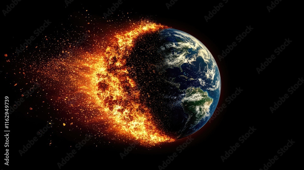 Wall mural burning earth globe in outer space.