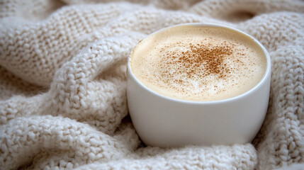 Cup of coffee with cinnamon foam, surrounded by a white knitted blanket, creating a cozy atmosphere. Generated with AI.