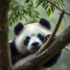 Obraz premium Lazy Panda Bear Sleeping on a Tree Branch, China Wildlife. Bifengxia nature reserve, Sichuan Province 
