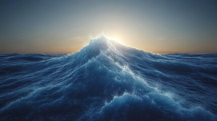 Giant wave in the ocean with the sunrise in the background, capturing the majesty of water and light. Generated with AI.