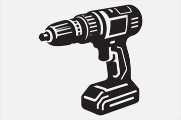 A black and white illustration of a cordless power drill.