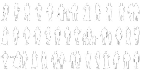Large group of people standing in different positions, full length, contours. Vector illustration