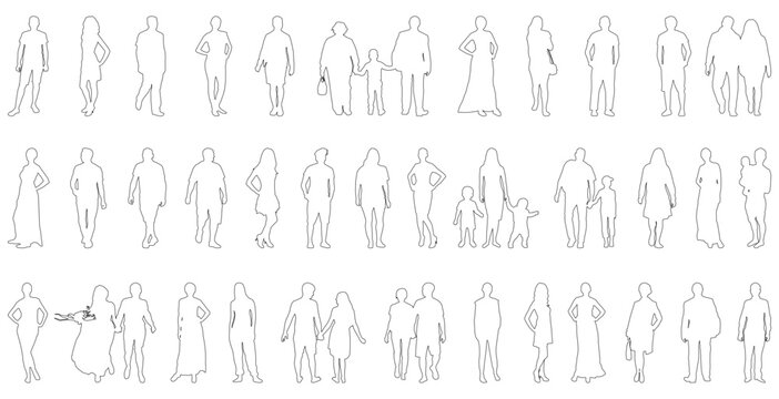 Large group of people standing in different positions, full length, contours. Vector illustration