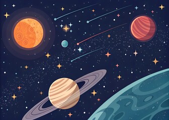 Naklejka premium Colorful cosmic illustration featuring planets, stars, and shooting comets against a dark sky, evoking a whimsical view of the galaxy
