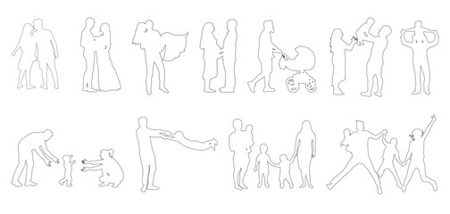 Contours of people, parents with children, wedding, birth of child, the first steps of  child, love. Vector illustration