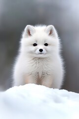 Obraz premium A fluffy white puppy stands on a snow-covered surface, exuding charm and playfulness, ideal for pet-related content, winter themes, or advertisements focused on companionship and joy,