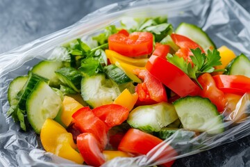 fresh chopped salad vegetable in plastic food bag
