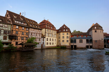 Cute old houses on the canal Petite France in Strasbourg, France.