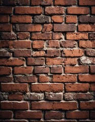 Obraz premium A rugged brick wall displays various shades of red and brown, highlighting its textured surface. The weathered bricks create a warm and inviting atmosphere in any room. Generative AI