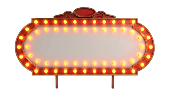 Retro marquee sign with lights, featuring a large blank space for custom messages, framed by a red and gold border isolated on white background