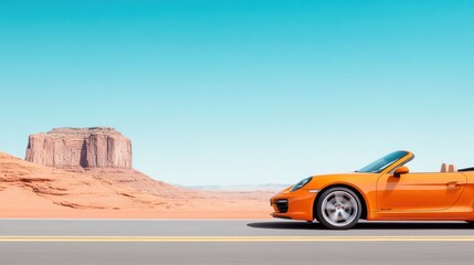Obraz premium A vibrant orange convertible car on an open road, set against stunning red rock formations and a clear blue sky, This image is ideal for travel, automotive, and adventure themes,