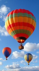 Fototapeta premium heic Squarespace designer Mental coach Wellness retreat Thumbnail Wp rocket Telegram channel Helium 10 Internxt Togetherall Colorful hot air balloons floating, vibrant red yellow blue stripes, ascend