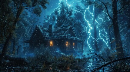stormy night, haunted house, eerie landscape, dark forest, lightning strikes, atmospheric scene with moody lighting and nature, ominous setting, captivating imagery, rural solitude, night sky