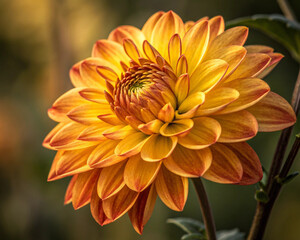 The beautiful yellow dahlia in the garden. With cool tone. Horizontal picture.
