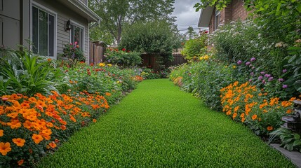 Obraz premium Vibrant garden filled with colorful flowers and lush greenery in a sunny afternoon