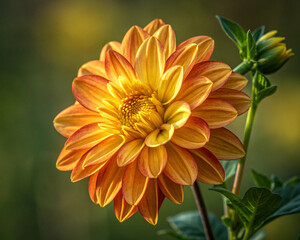 The beautiful yellow dahlia in the garden. With cool tone. Horizontal picture.
