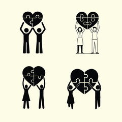 heart shaped broken puzzle symbol silhouette vector set design illustration
