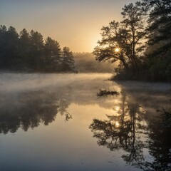 Fototapeta premium A mist-covered lake at dawn, with golden sunlight piercing through the fog and illuminating the water's surface.