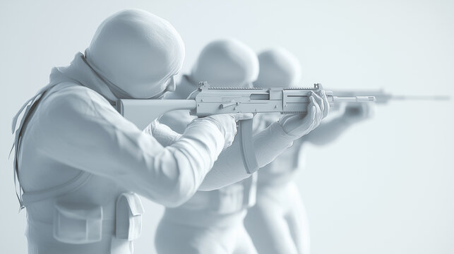 Close-up of soldiers aiming rifles in synchronized formation, tactical training.