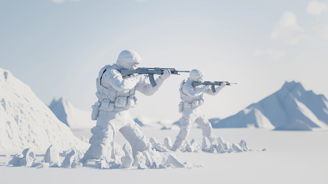 Soldiers in snowy landscape aiming rifles during military training.