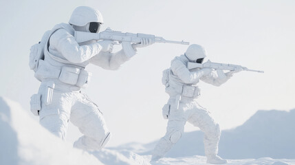 Futuristic soldiers in white armor aiming rifles in a tactical combat simulation.