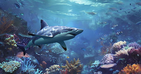Fototapeta premium Majestic shark glides through vibrant coral reef waters in a serene underwater environment, showcasing a diverse marine ecosystem teeming with life and color