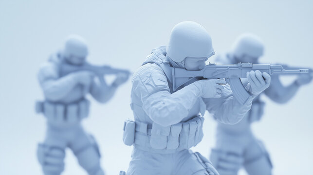 3d-rendered soldiers aiming rifles in combat-ready formation. Three-man squad advancing cautiously.