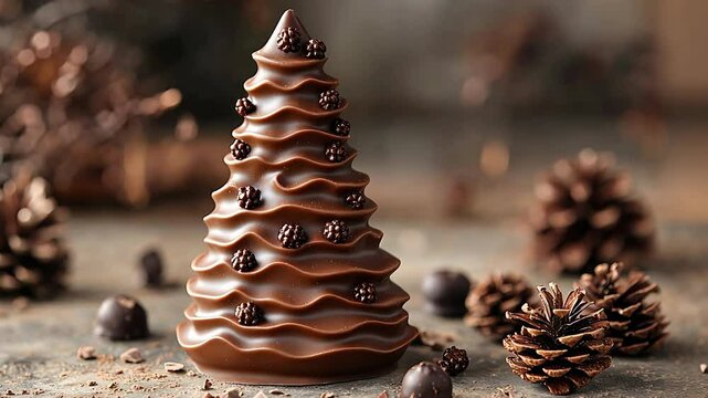 Chocolate Christmas tree on a table with pine cones.