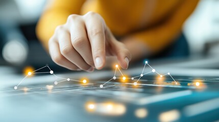 A close-up of a hand interacting with a digital interface displaying analytics, suitable for illustrating data analysis, technology, or business concepts in presentations, reports