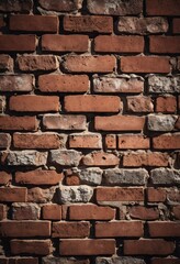 Obraz premium A rugged brick wall displays various shades of red and brown, highlighting its textured surface. The weathered bricks create a warm and inviting atmosphere in any room. Generative AI