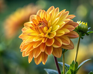 The beautiful yellow dahlia in the garden. With cool tone. Horizontal picture.
