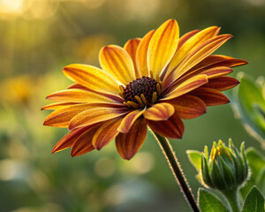 The beautiful yellow dahlia in the garden. With cool tone. Horizontal picture.
