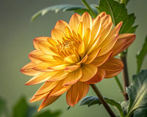 The beautiful yellow dahlia in the garden. With cool tone. Horizontal picture.
