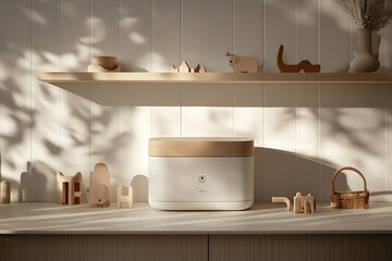A stylish mock-up of a humidifier placed on a clean surface, surrounded by charming wooden toys, creating a cozy and family-friendly atmosphere, ideal for home wellness concepts


