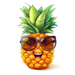 A cheerful cartoon pineapple with vibrant yellow-orange textured skin and spiky green leaves, adorned with red sunglasses, exuding a playful and tropical vibe. Isolated on white background