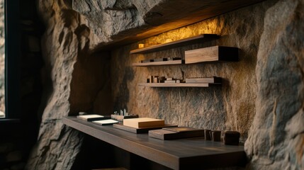 Obraz premium A modern workspace features elegant wooden shelves displaying various minimalist objects against a textured stone wall