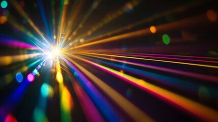 A colorful light show with a bright yellow light shining through the center