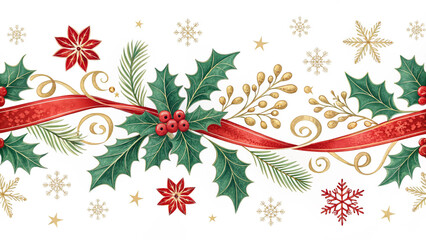 christmas decoration fir tree branches with snow, gold red balls and stars on white background composition
