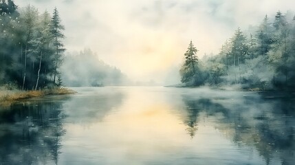 Calm forest lake with misty reflections of trees and soft sunrise light, creating a peaceful and atmospheric mood