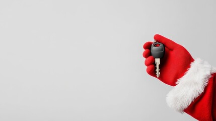 A festive red-gloved hand adorned with white fur holds car keys. The background is simple and unobtrusive, making it perfect for adding holiday-themed text or messages