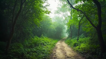A tranquil forest path winds through dense greenery, enveloped in soft mist typical of early morning. This serene setting encourages peaceful strolls amidst nature's beauty