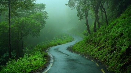 Naklejka premium A winding road curves through a dense green forest, enveloped in mist. The wet pavement reflects the surrounding greenery, creating a serene and enchanting atmosphere