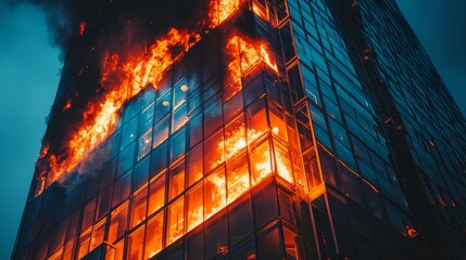 A tall building experiences a severe fire at night, with flames and smoke rising from multiple floors, illuminating the surrounding area with an orange glow and creating a dramatic scene