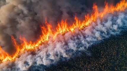 A wildfire spreads quickly across a dense forest, engulfing trees in flames while thick smoke rises dramatically. The scene captures the fierce intensity of nature's destructive power