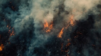 Flames spread rapidly across dry ground as thick smoke fills the air during an intense wildfire. The scene captures the chaos and destruction caused by fire