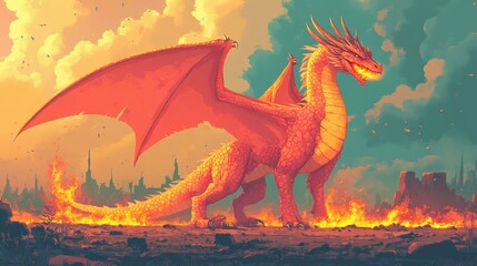 Fiery orange dragon with detailed scales and wings standing on molten lava in a volcanic landscape, fantasy art perfect for game design, book covers, and mythical themed projects vibrant sky dramatic