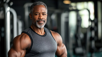 A middle-aged black man with salt-and-pepper hair, dressed in workout gear, standing confidently in a gym setting, with fitness equipment visible in the background